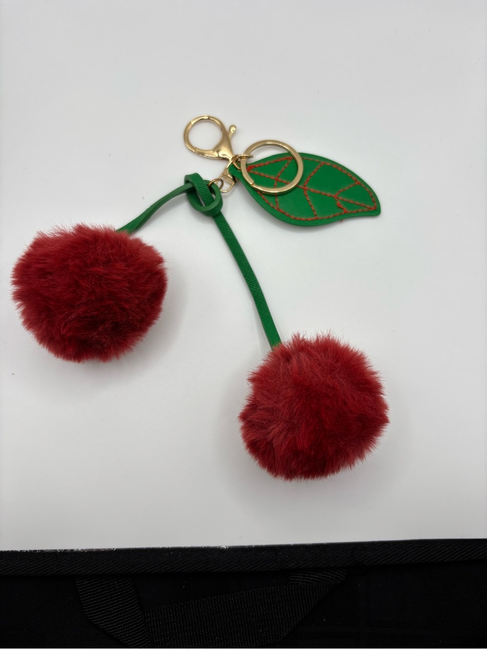 Red Cherry Pom Pom Keychain Bag Charm Gold Hardware NWOT - Picture 3 of 3